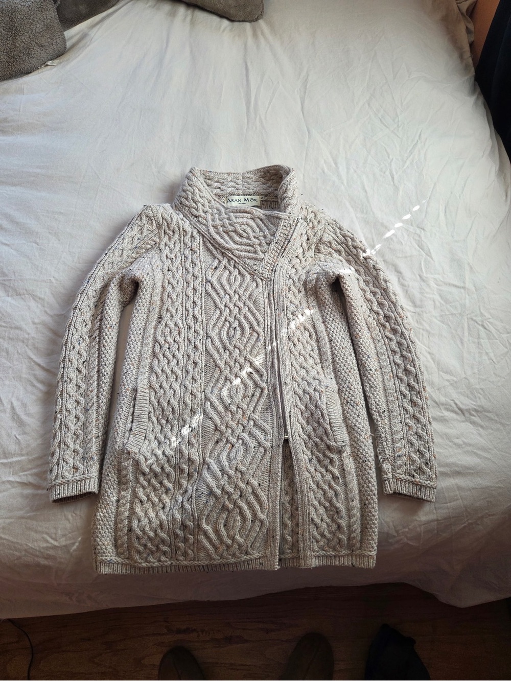 Aran Crafts Cable Knit Shawl Collar Zip Long Sweater Jacket